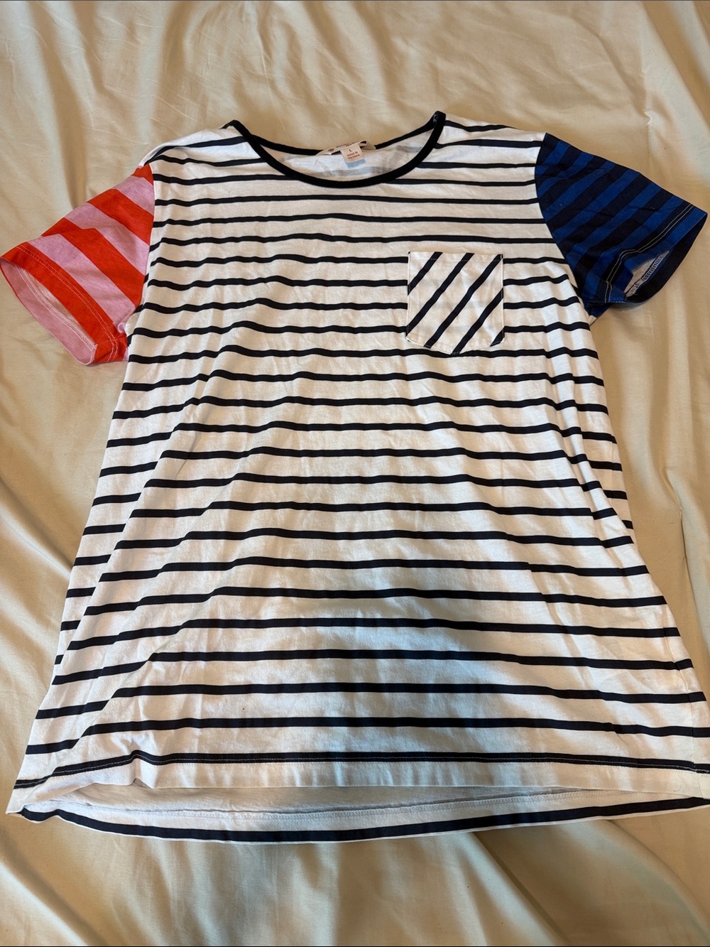 Brooks Brothers White Striped Tee with Red and Navy Short Sleeves